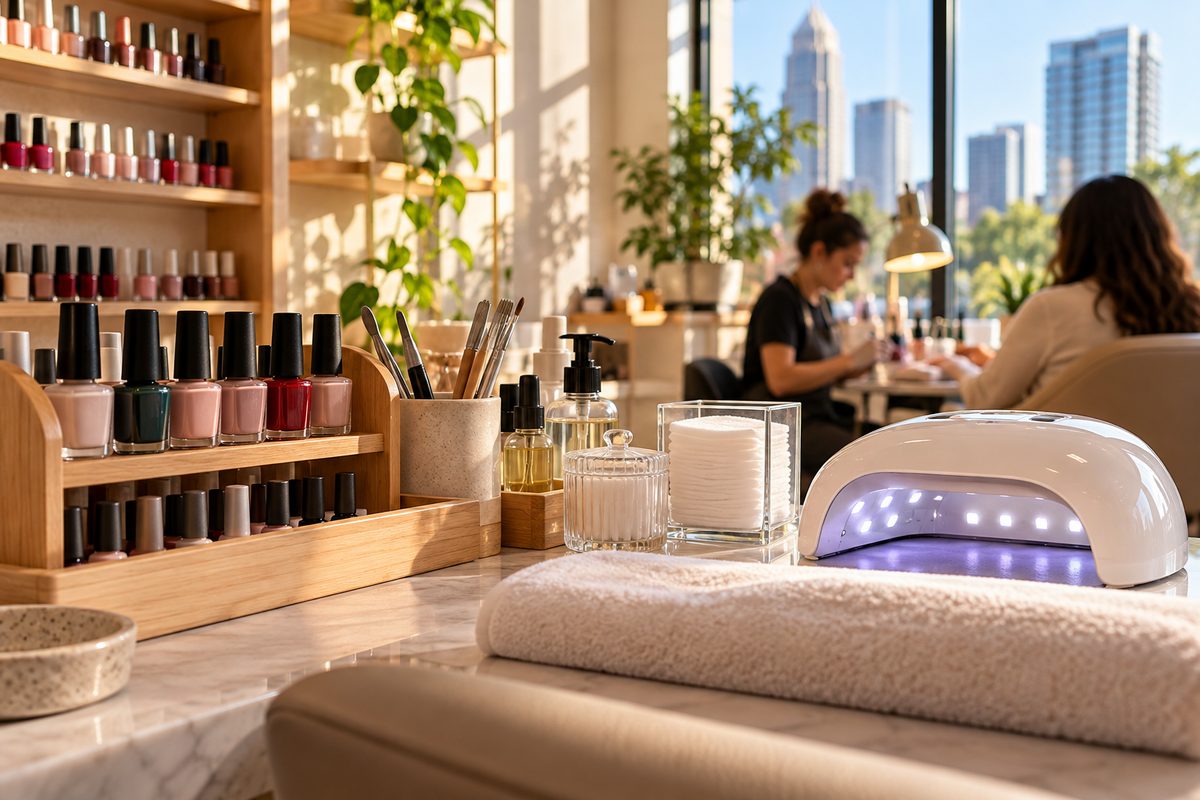 Clean salon manicure workstation with LED lamp and neatly arranged bottles in Charlotte