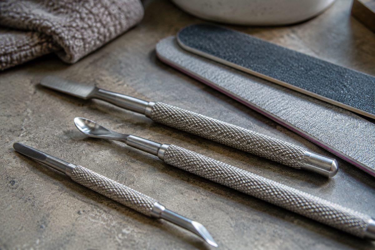 Knurled steel handle on manicure tools illustrating textured grip and ergonomic design