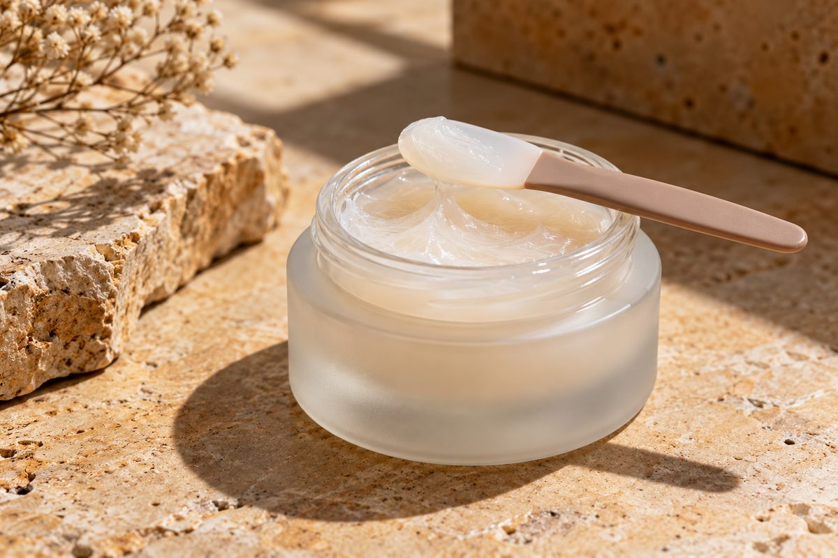 Low-profile glass jar of milky fiber base coat with application spatula