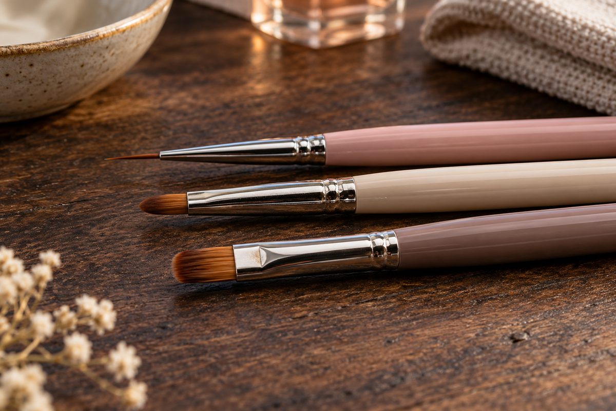 Three precision nail art brushes displaying varied bristle cuts and metal ferrules