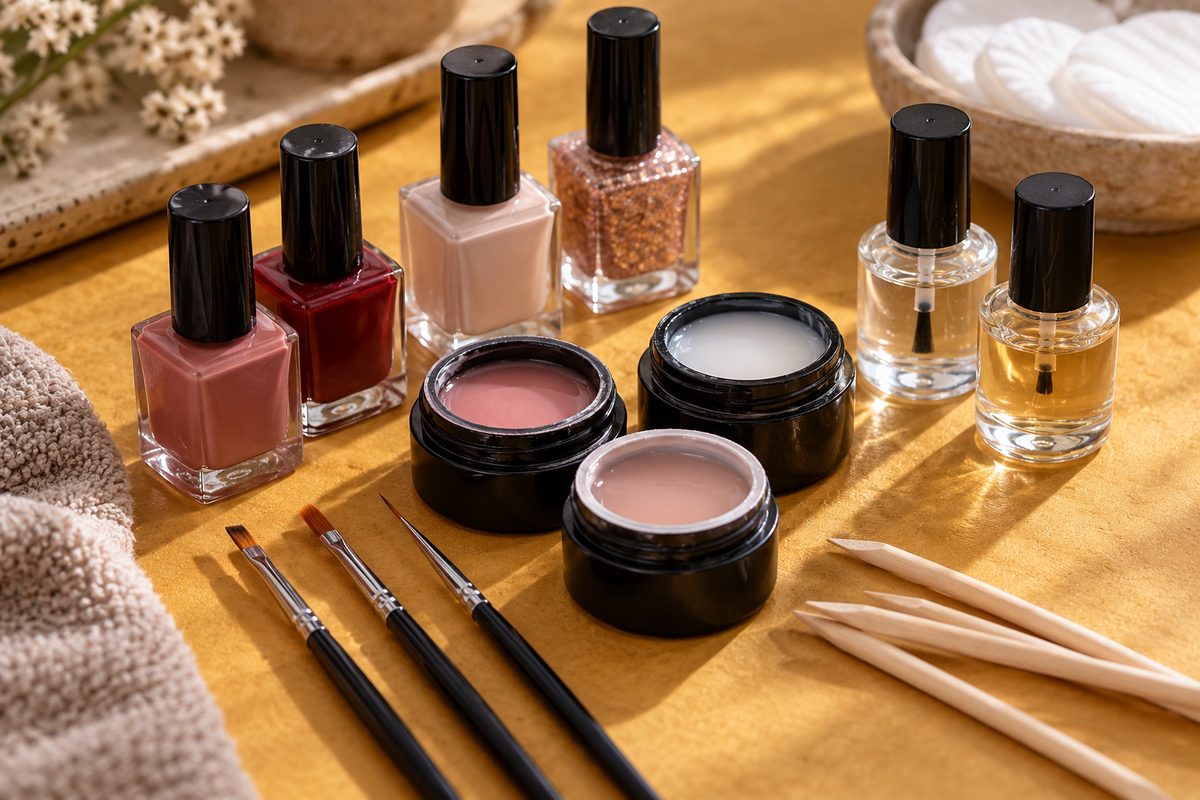 Curated overview of nail lacquers, base coats, top coats, brushes, and consumables