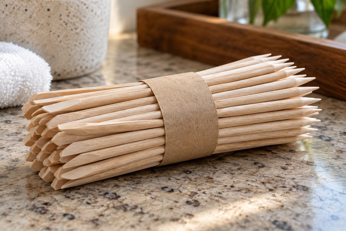 Bundle of natural wooden cuticle sticks displaying precision beveled edges
