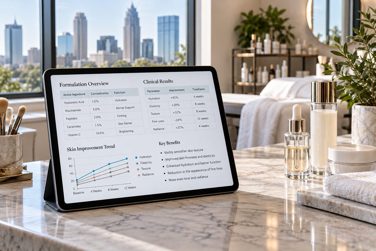 Digital tablet displaying data tables beside cosmetic bottles on a studio desk