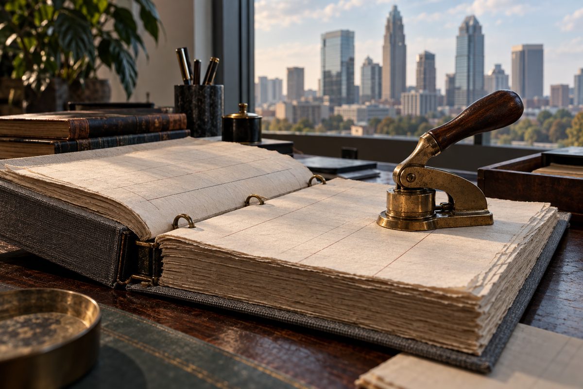 Archive ledger binder with brass embosser resting on heavy paper