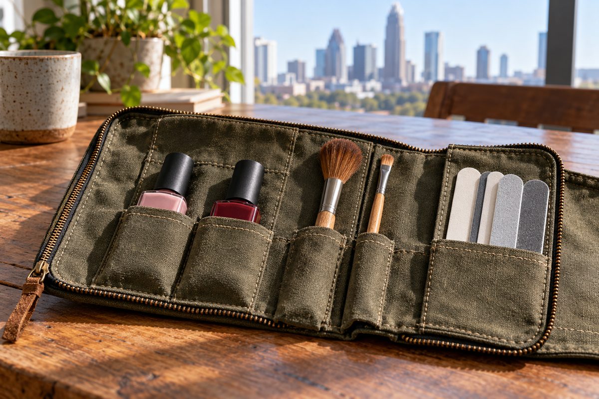 Canvas tool pouch displaying organized pockets for nail polish bottles and brushes