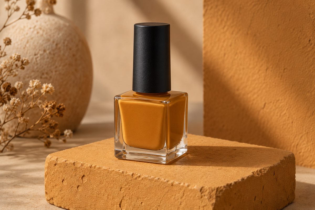 Square 15 ml glass nail lacquer bottle with matte black cap on ochre pedestal