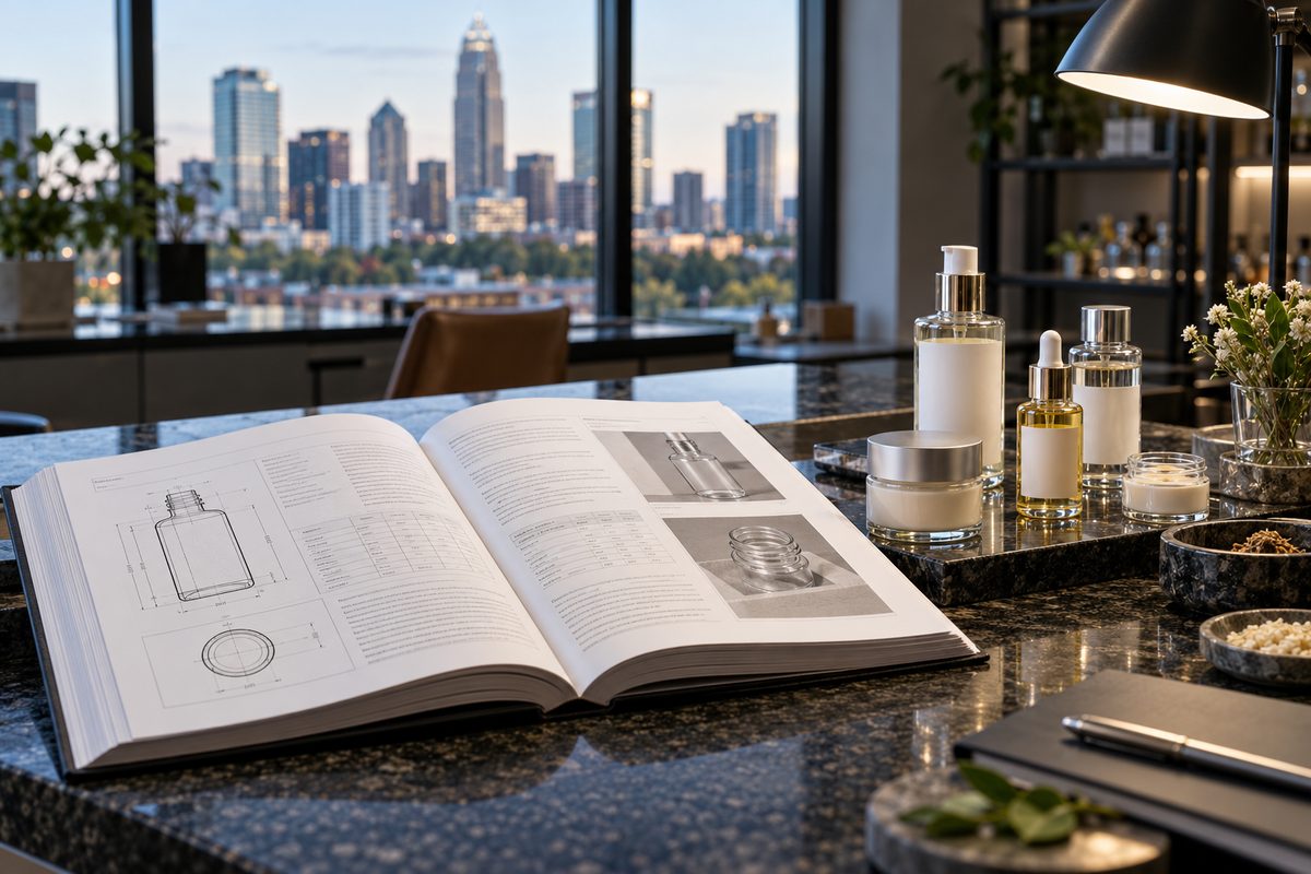Technical specification manual open beside cosmetic glass vials on a dark desk
