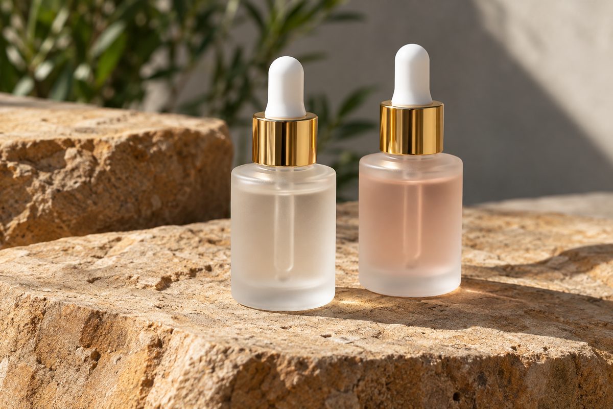 Pair of frosted glass bottles holding nail dehydrator and acid-free primer solutions
