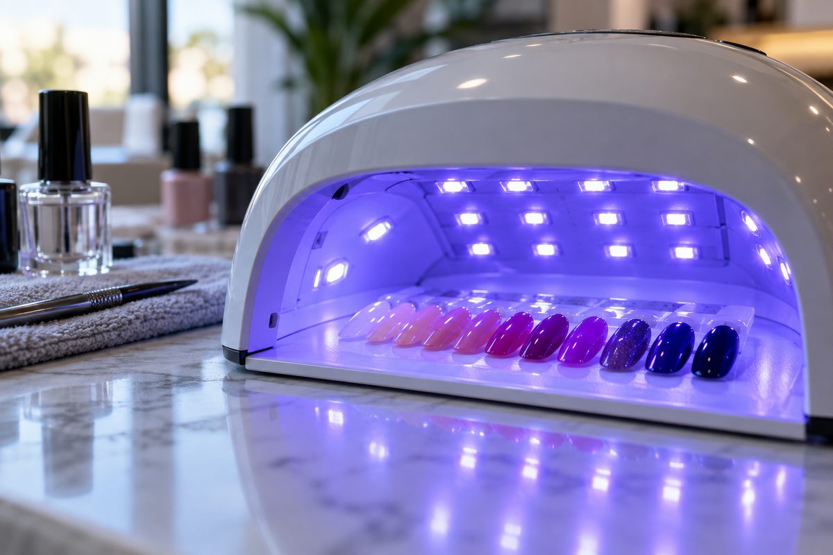 Violet LED light illuminating nail polish test swatches inside a curing lamp