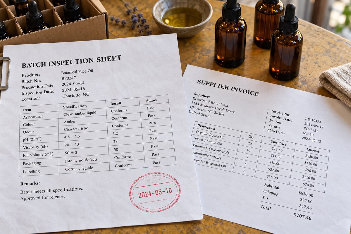 Product batch certificate and supplier invoice sheet with verified date stamp