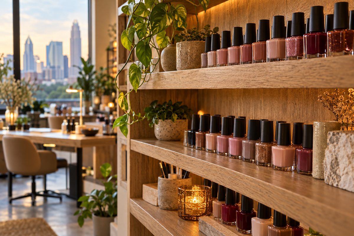 Rows of amber cosmetic bottles stored on wooden shelving in a climate-controlled studio